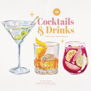 Akvarell cocktail clipart | Drinkillustrationer | Clipart med signaturdrinkskyltar | Barmeny
