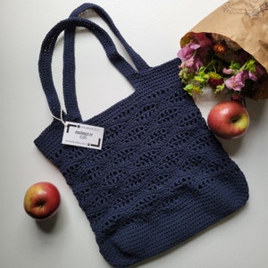 Waves Market Bag, Midnight Blue Crochet Bag, Produce Bag, Shopping Bag, Crochet Reusable Bag