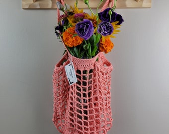 Coral Pink Cotton Net Market Bag, Reusable Produce Bag