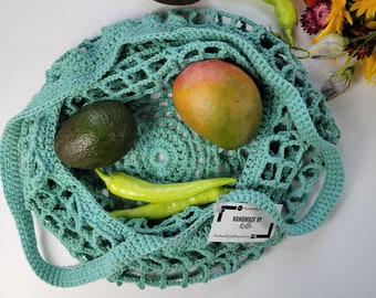 Crochet Cotton Net Market Bag, Seafoam Green Reusable Produce Bag