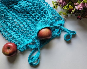 Bright Blue Cotton Net Market Bag, Reusable Produce Bag