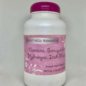 May include: White plastic bottle with a pink lid and a pink label that says "Forest Hills Remedies Damiana, Sarsaparilla Hydrangea, Irish Moss Female Estro Support 200 Veg. Capsules. 430 ml"