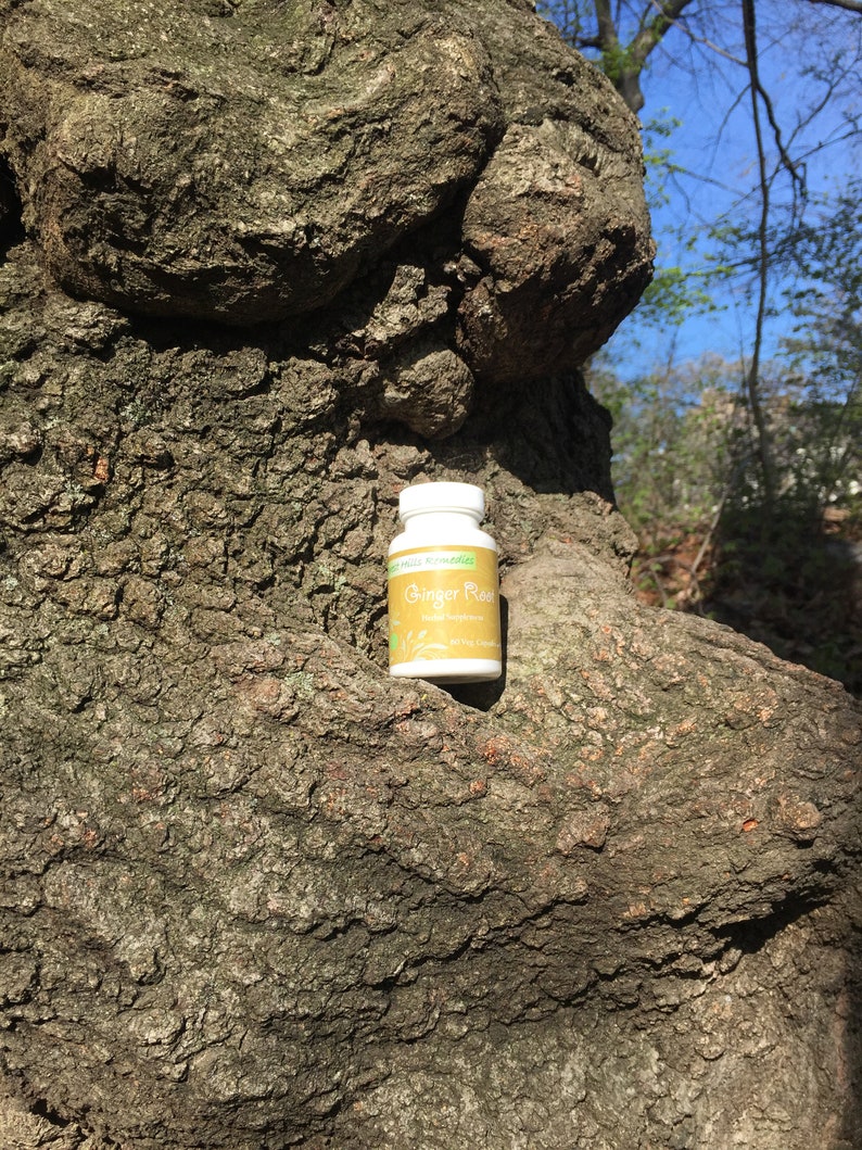 以下が含まれることがあります： 緑のラベルに「Ginger Root」と「Natural Food Supplement」と書かれた白いボトル。ボトルは木の幹の上に置かれています。