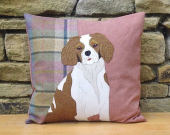 SAMPLE SALE !!!!  A handmade embroidered cushion/pillow of a King Charles Spaniel, Only one available. Comes with a 45cm cushion pad.