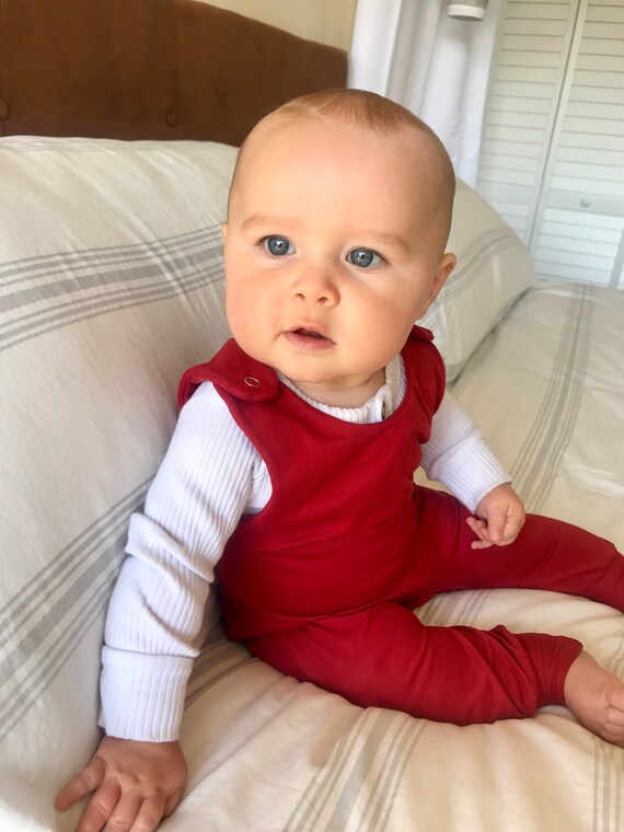 red dungarees baby boy