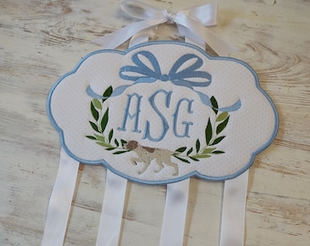 hair bow holder, monogram, GSP, German short hair pointer, baby gift, bow, embroidered bow holder