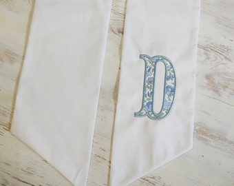 Wreath sash, monogram sash, summer, liberty of London, door decor, wreath scarf, embroidered sash