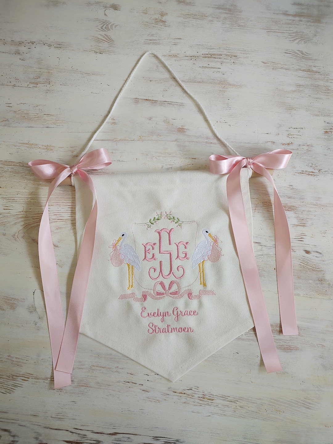 Baby Announcement Banner, Nursery Decor, Stork Embroidery, New Baby
