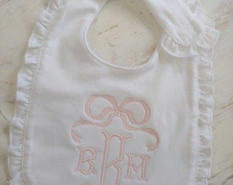 Monogram bib, bow monogram, birthday bib, embroidered bib, ruffles, classic embroidery, 1st birthday