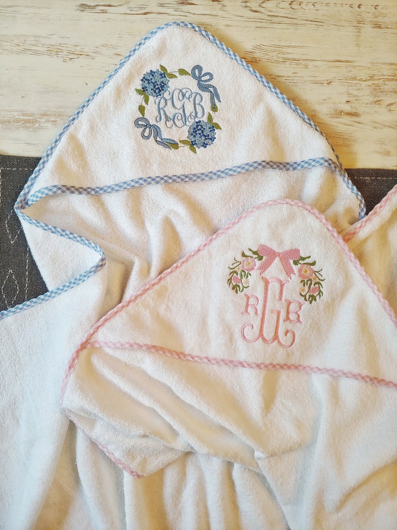 Hooded Baby Bath Towel Embroidered Baby Towel Gingham Trim Etsy