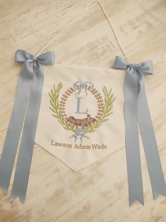 Embroidered Train Baby Banner, Monogrammed Hospital Door Hanger