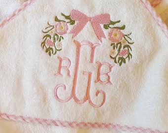 Hooded Baby Bath Towel, Embroidered Baby towel, Gingham Trim Bath Tow floral embroidery, baby gift