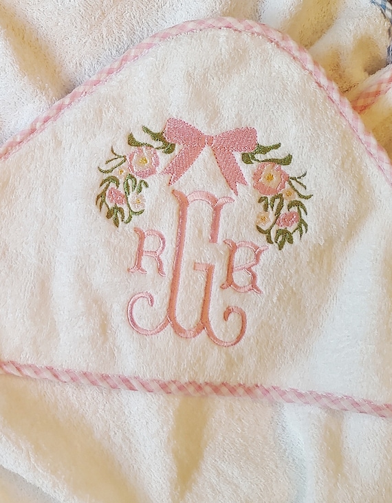 Hooded Baby Bath Towel, Embroidered Baby Towel, Gingham Trim Bath