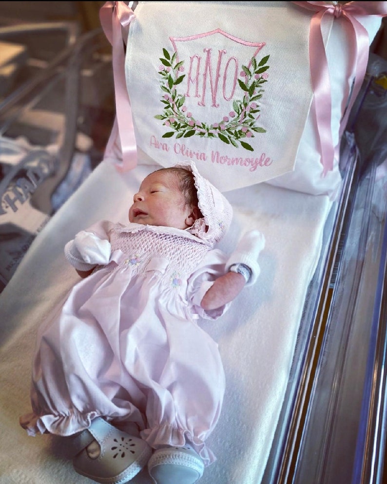 May include: A newborn baby wearing a light pink gown and bonnet, lying on a white surface. A decorative pillow with the initials "ANO" and the name "Ava Olivia Normoyle" is visible in the background. The pillow features a floral wreath design.