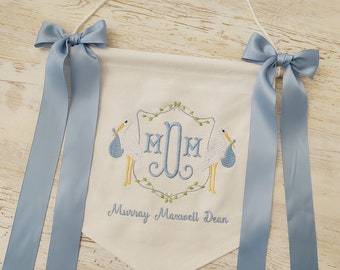 Baby announcement banner, nursery decor, stork embroidery, new baby pennant, welcome baby door hanger, baby shower, baby gift