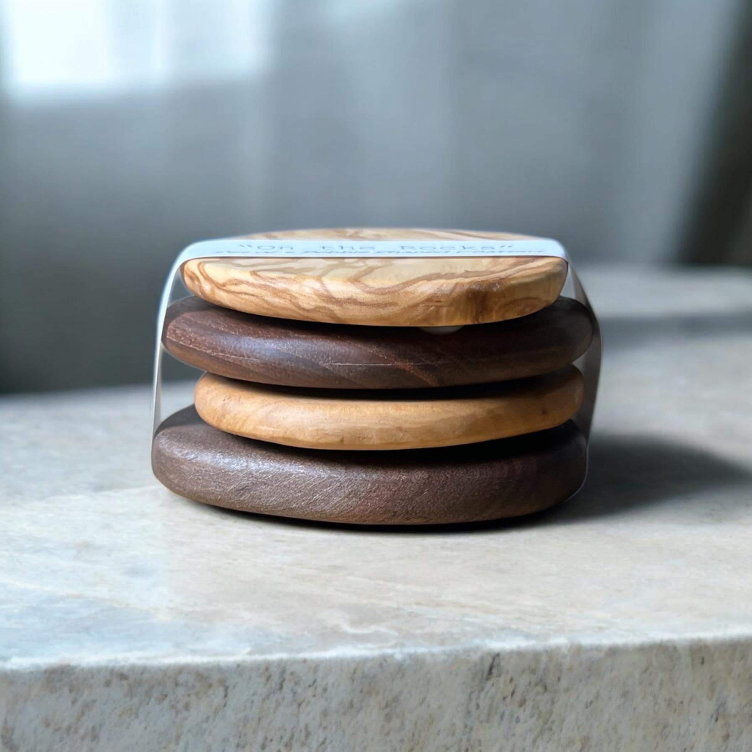 ON THE ROCKS Pebble Coaster Set (4) Handmade Rock Themed Wood Coasters, Rustic, Modern, Kitchenware, Unique, Olivewood, Walnut, Maple