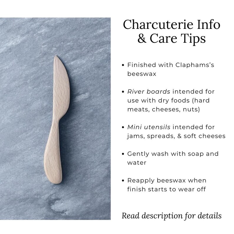 May include: A light-colored wooden charcuterie knife with a curved blade and handle. The image includes text: Charcuterie Info & Care Tips, with care instructions. The knife is intended for jams, spreads, and soft cheeses.