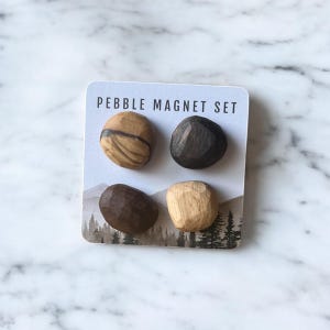May include: A set of four pebble magnets on a white card. The magnets are carved to resemble stones, with varying shades of brown and black. The card reads "PEBBLE MAGNET SET" above a mountain and tree illustration.