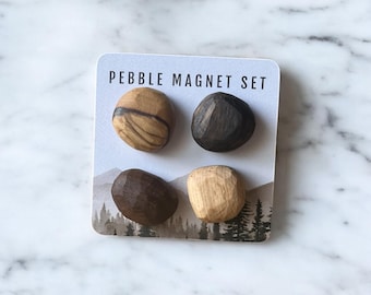 PEBBLE MAGNET SET (4) Handmade Wood Fridge Magnets, Novelty, Modern, Decor, Unique, Fun, Beech, Walnut, Olive
