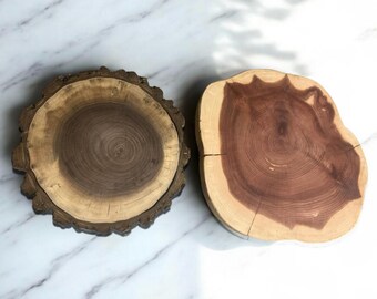 STONE PEDESTAL Live-Edge Wood Cake Stand, Centerpiece Display Board, Plant Stand, Handmade, Rustic, Weddings, Decor, Unique, Walnut, Cedar