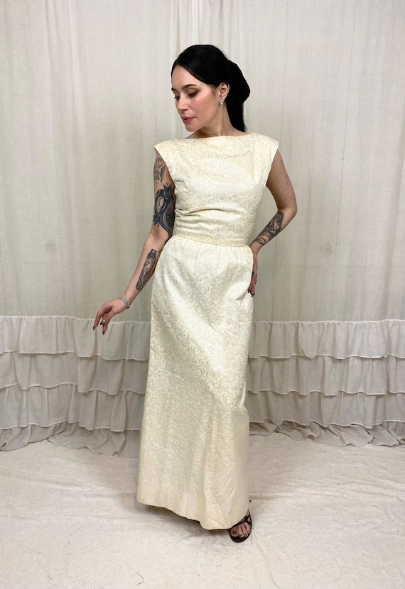 Vintage Cream Satin Brocade Maxi Dress