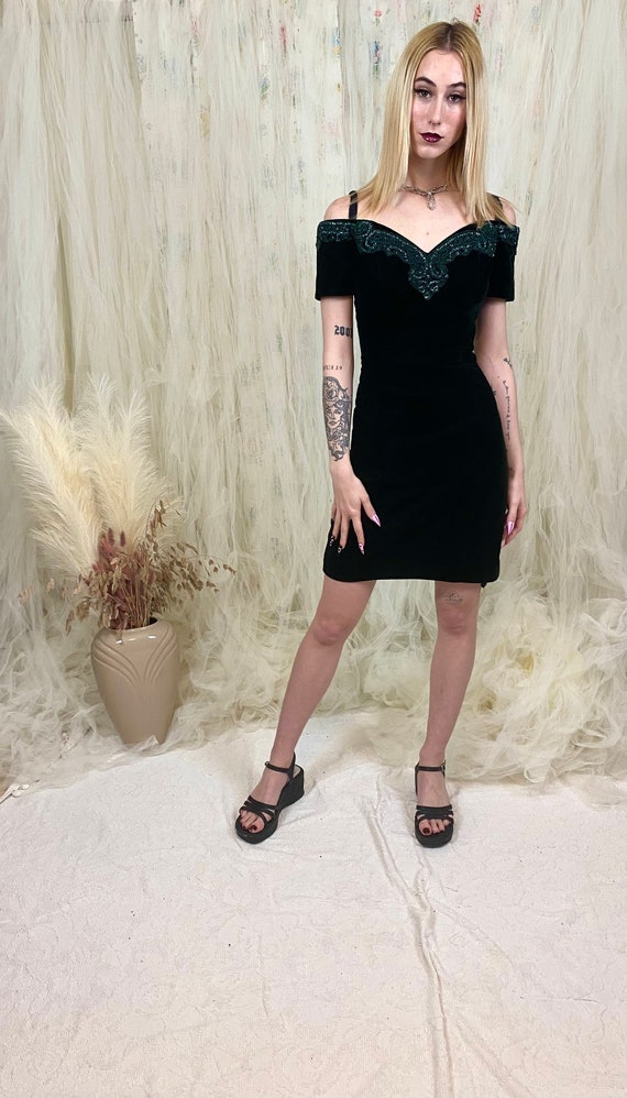 dark green velvet dress short Hunter Green Velvet Short Dress With Puff Sleeves