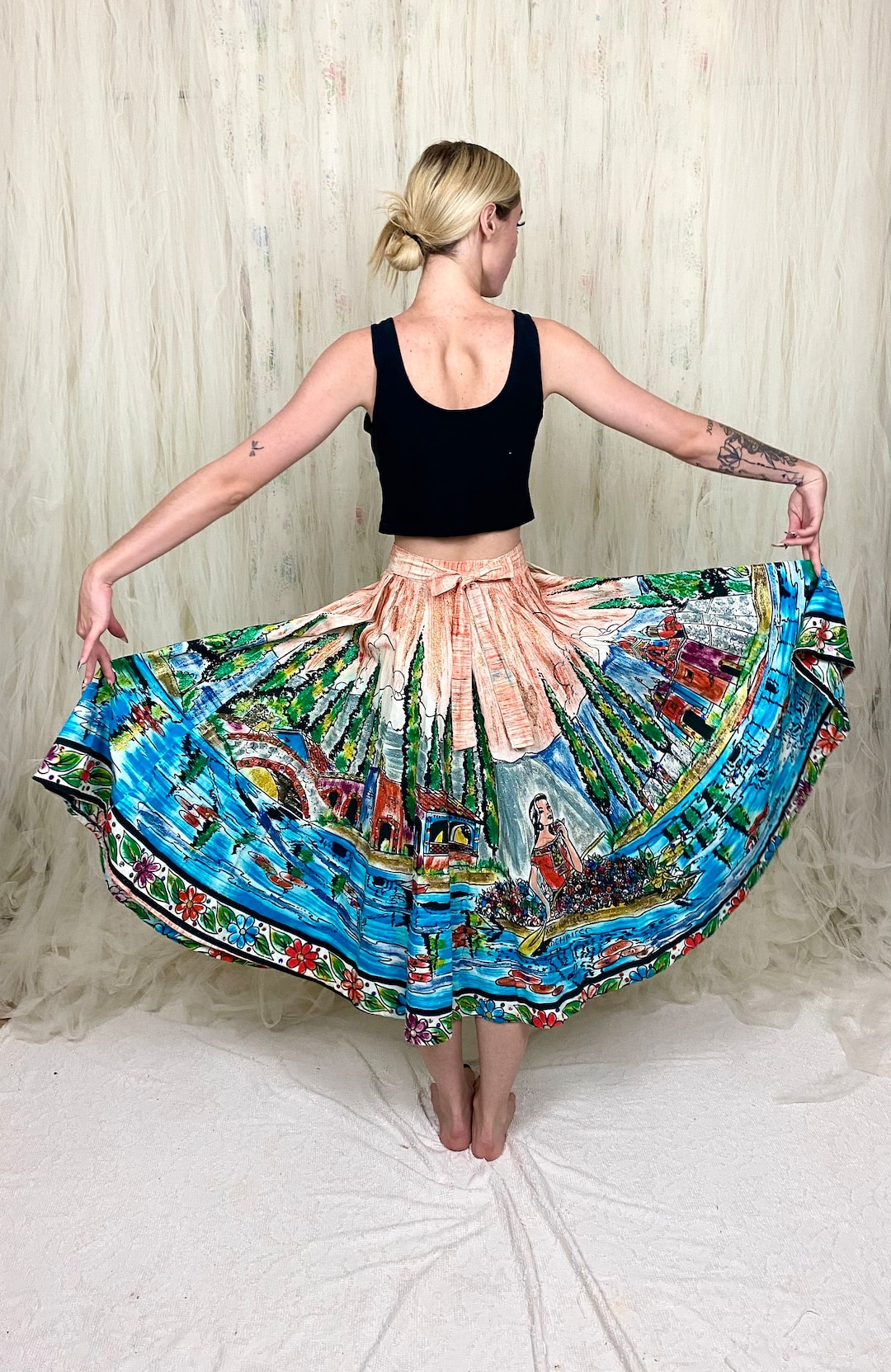 S | 1950s Hand-Painted Mexican Jungle Skirt with Monkeys and Birds