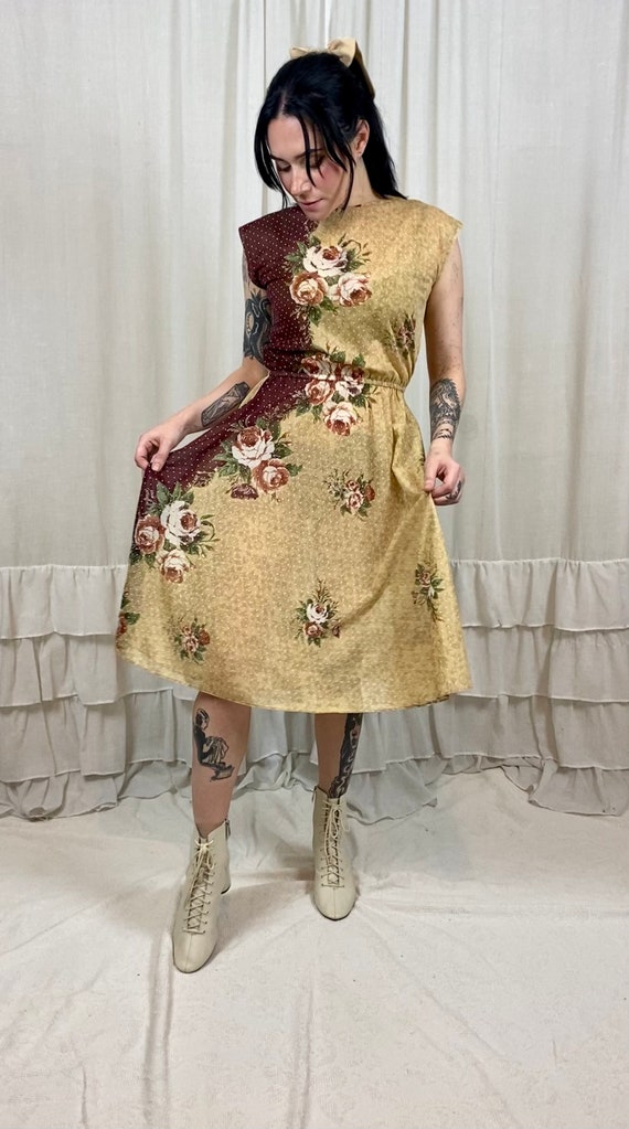 70’s Cream and Brown Floral Swiss Dot Dress - image 2