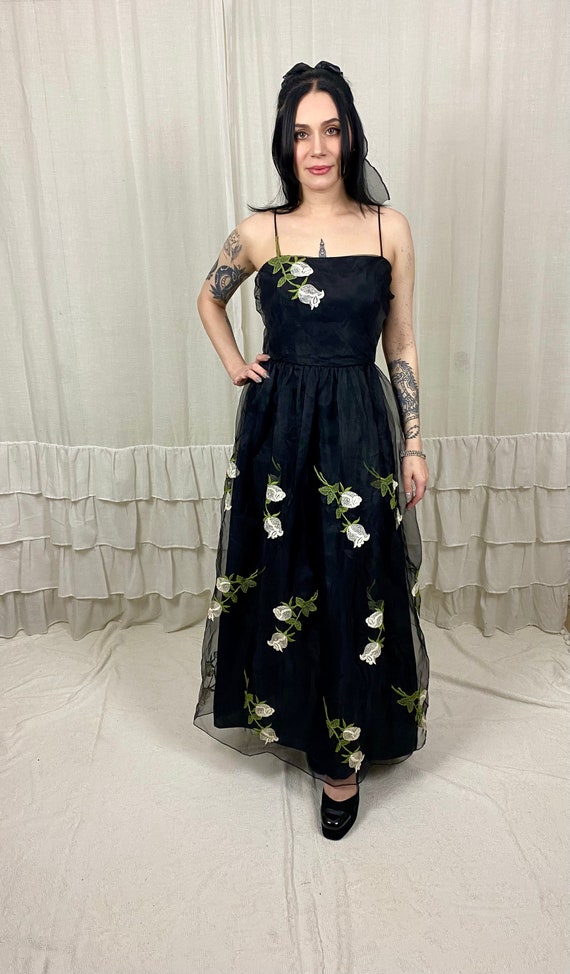 Vintage 70’s Black Chiffon Gown with Embroidered F