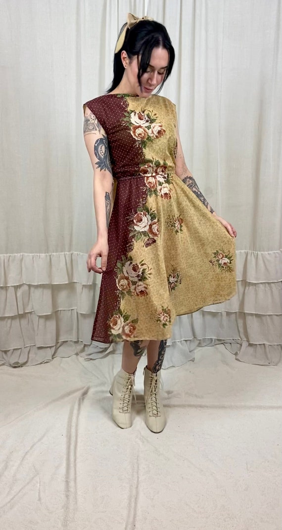 70’s Cream and Brown Floral Swiss Dot Dress - image 1