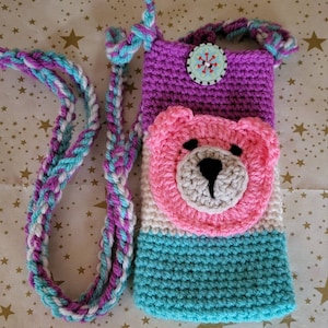 Handmade Crochet Phone Case in Purple,Turquoise & Cream with Adjustable/Detachable Cross Body Strap and Teddy Face Motif with Button Closure
