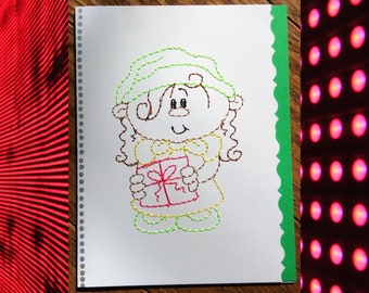 DIY Machine Borduurkaart Ontwerp, Schattig Elf Borduurontwerp, Instant Download, Kerstkaarten om te borduren, Vakantieontwerpen