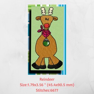 May include: A brown reindeer with a red nose and a pink scarf holding a green ornament. The reindeer is standing on a green background. Size: 1.79x3.56 inches (45.4x90.5 mm). Stitches: 6677.