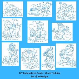 DIY Machine Embroidery Card Design, Winter Teddies, Card Embroidery Patterns, Snow Designs, Winter Embroidery Cards