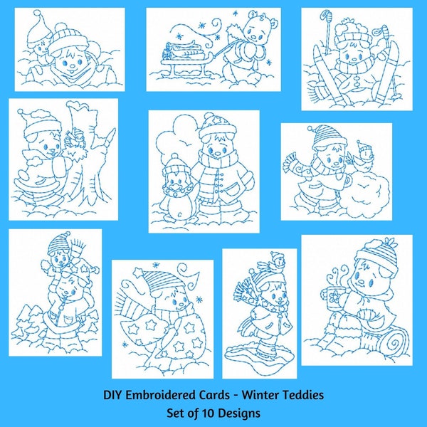 DIY Machine Embroidery Card Design, Winter Teddies, Card Embroidery Patterns, Snow Designs, Winter Embroidery Cards