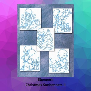 Peut inclure: Cinq dessins au trait noir et blanc de filles portant des bonnets et des robes. Les filles tiennent des cadeaux, un chat et un sapin de Noël. Les dessins sont intitulés "Bluework Christmas Sunbonnets II".