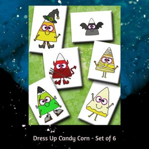 May include: Set of six embroidered candy corn designs. Each candy corn is dressed up in a different Halloween costume, including a witch, a vampire, a devil, a mummy, a zombie, and a ghost.