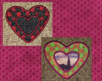 May include: Two free-standing lace heart designs. The first heart is black with red polka dots and a smaller black heart inside. The second heart is green with orange polka dots and a window showing a cityscape inside. The text "Free Standing Lace Hearts #5" is below the hearts.
