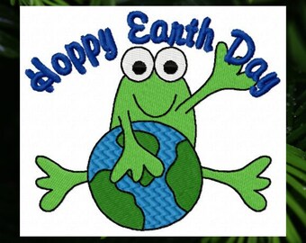 Machine Embroidery, Hoppy Earth Day Embroidery Design, Instant Download, Earth Day Embroidery, Go Green, Planet Earth, Frog Embroidery