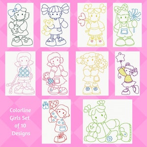 Machine Embroidery, Colorline Girls Embroidery Designs,Instant Download, Girl Quilt Block Embroidery File, Redwork Embroidery