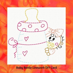 Diseño de tarjeta de bordado de máquina de bricolaje, lindo diseño de bordado de tarjeta de bebé, descarga instantánea, baby shower, biberón, niña
