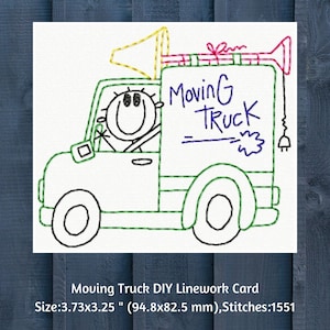 May include: A linework embroidery design of a green moving truck with a smiling person driving. The truck has a sign that says "Moving Truck" and a yellow flag on top. The design is 3.73 inches by 3.25 inches and has 1551 stitches.