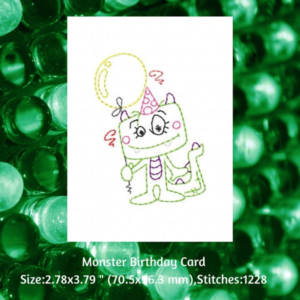 DIY Machine Embroidery Card Design, Birthday Monster Embroidery Design, Instant Download, Embroidery File, Embroidered Birthday Cards