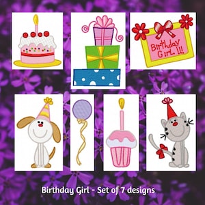Birthday Girl Machine Embroidery Designs, Birthday Cake, Party Hat, Happy Birthday, Birthday Designs, Balloon, Instant Download