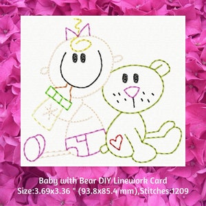 DIY Machine Borduurkaart Ontwerp, Baby en Teddybeer Kaart Borduurontwerp, Instant Download, Babyshower Cadeau, Babys eerste verjaardag