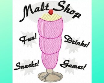 Machine Embroidery, 1950s Themed Design, Retro Embroidery File, Malt Shop Embroidered Design, Instant Download Embroidery Files