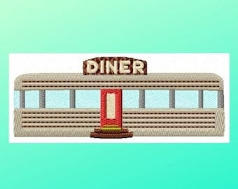 May include: A retro diner embroidery design with a red door and the word "DINER" in brown letters above the door. The design is 3.88 inches wide by 1.49 inches tall and has 10,709 stitches.