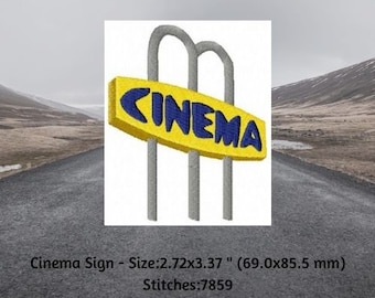 May include: A yellow and blue embroidered sign with the word "CINEMA" on it. The sign is attached to three gray metal poles. The sign is 2.72 inches by 3.37 inches, or 69.0 millimeters by 85.5 millimeters, and has 7859 stitches.