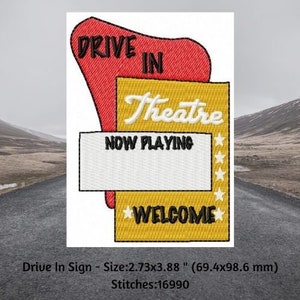 Retro Machine Embroidery, 50s Movie Theater Sign Embroidery Design, Vintage Drive in Theatre Designs, 50's Nostalgia, The Mother Road