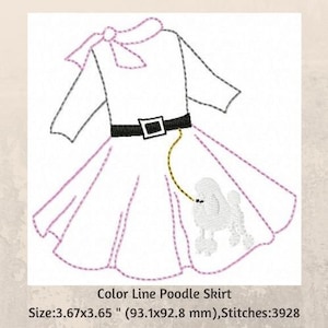 Bordado de máquina retro, diseño de bordado de líneas de falda de caniche, diseños temáticos de los años 50, redwork de ropa vintage, diseño de bordado retro